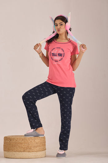 Sweet Moon Knit Cotton Pyjama Set - Navy Lightpink