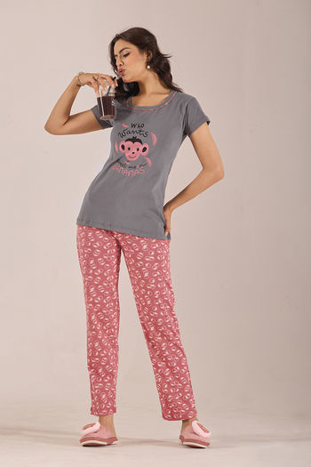 Sweet Moon Knit Cotton Pyjama Set - Rust Grey