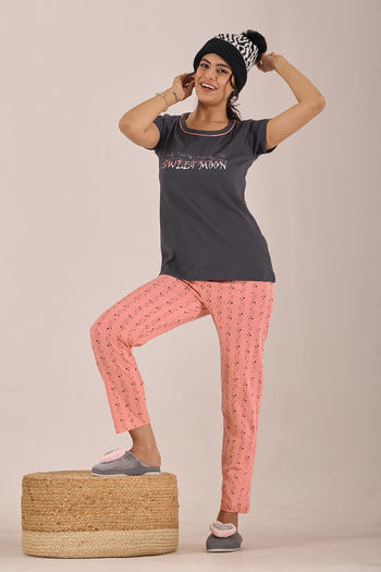 Sweet Moon Knit Cotton Pyjama Set - Peach Darkgrey