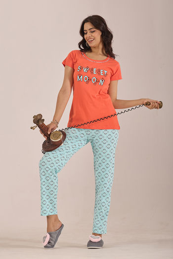Sweet Moon Knit Cotton Pyjama Set - Sky Blue Peach