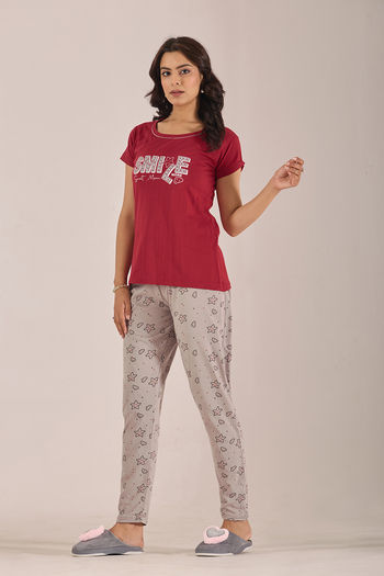 Sweet Moon Knit Cotton Pyjama Set - Grey Reddishmaroon