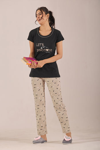 Sweet Moon Knit Cotton Pyjama Set - Chickoo Black