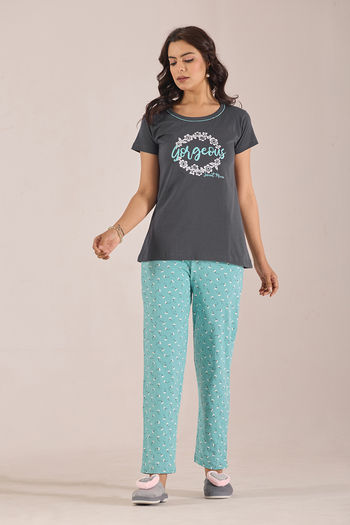 Sweet Moon Knit Cotton Pyjama Set - Pastelblue Darkgrey