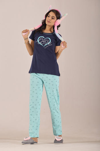 Sweet Moon Knit Cotton Pyjama Set - Skyblue Navyblue