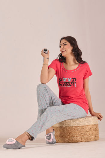 Sweet Moon Knit Cotton Pyjama Set - Lightgrey Peach