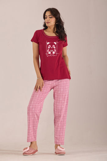 Sweet Moon Knit Cotton Pyjama Set - Darkpink Maroon
