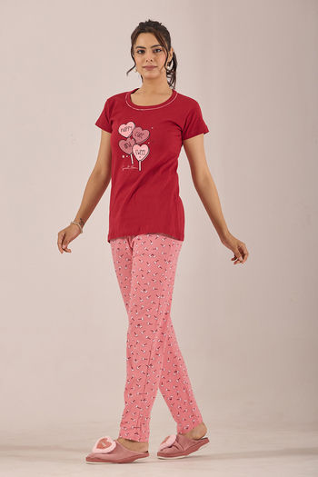 Sweet Moon Knit Cotton Pyjama Set - Darkpink Redishmarun