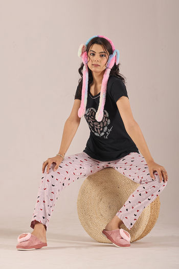 Sweet Moon Knit Cotton Pyjama Set - Nude Violet Black