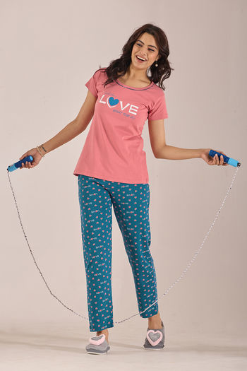 Sweet Moon Knit Cotton Pyjama Set - Black Pastelpeach