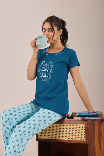 Sweet Moon Knit Cotton Pyjama Set - Skyblue Darkblue