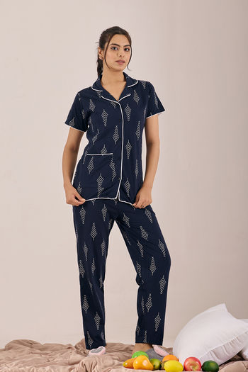 Sweet Moon Knit Cotton Pyjama Set - Navy Blue