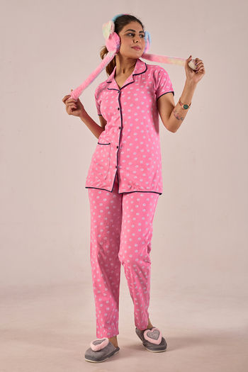 Sweet Moon Knit Cotton Pyjama Set - Dark Pink