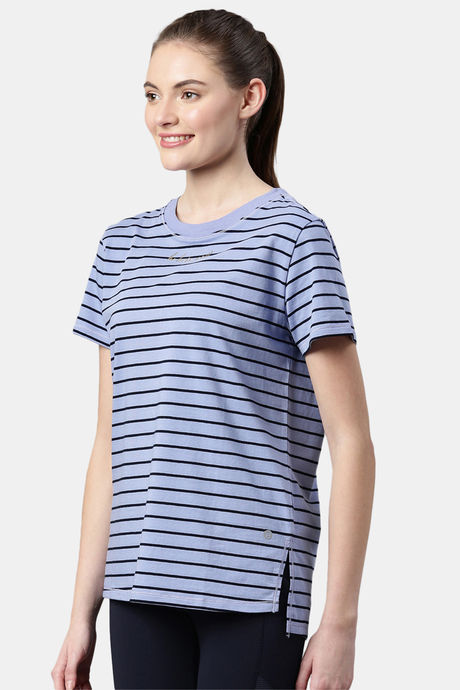 Enamor Anti Microbial Relaxed Top - Purple Slate Stripe Be Here Now Graphic — image 2