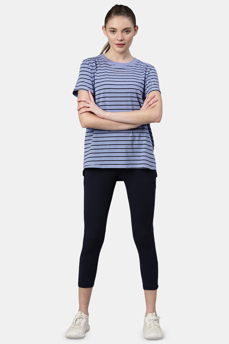 Enamor Anti Microbial Relaxed Top - Purple Slate Stripe Be Here Now Graphic — image 4