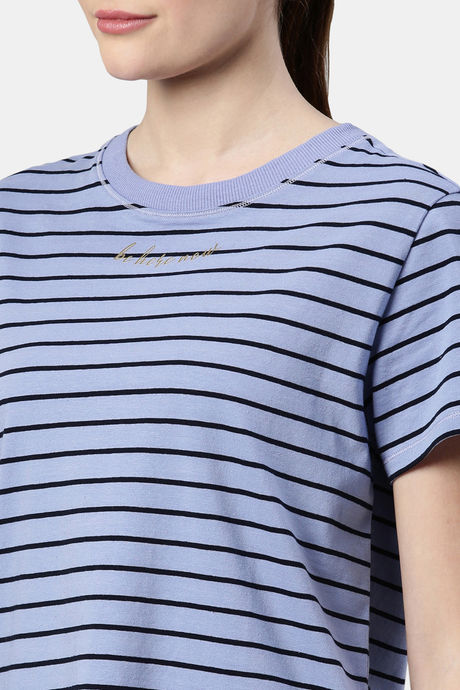 Enamor Anti Microbial Relaxed Top - Purple Slate Stripe Be Here Now Graphic — image 6