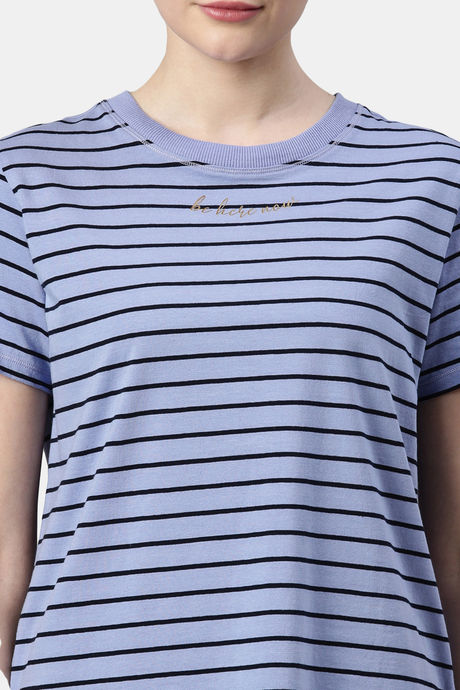Enamor Anti Microbial Relaxed Top - Purple Slate Stripe Be Here Now Graphic — image 7