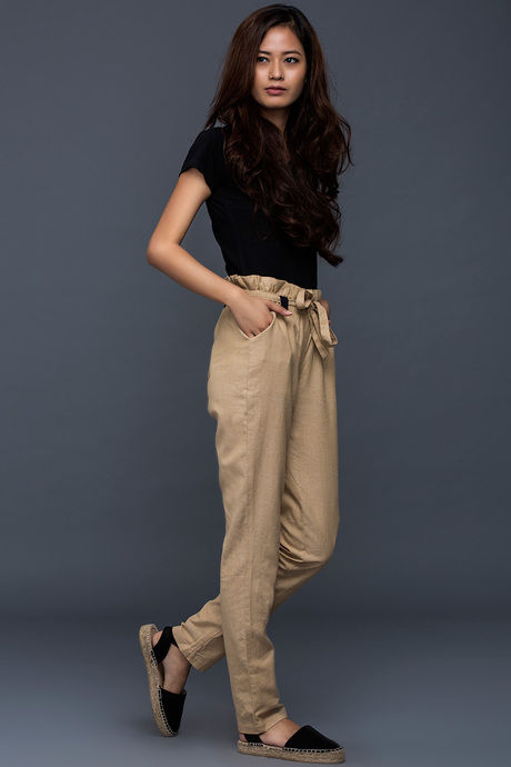 Zivame Chambray Paper Bag Waist Pants- Beige — image 3
