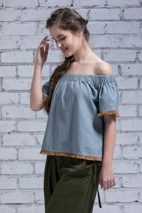 Zivame Tassled Off Shoulder Crop Top- Blue — image 2