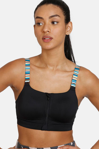 model image of Zelocity High Impact Quick Dry Front Opening Sports Bra - Jet Black