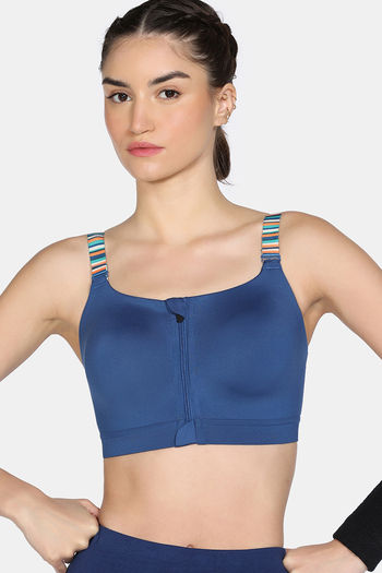 model image of Zelocity High Impact Quick Dry Front Opening Multicolor Strap Sports Bra - Set Sail