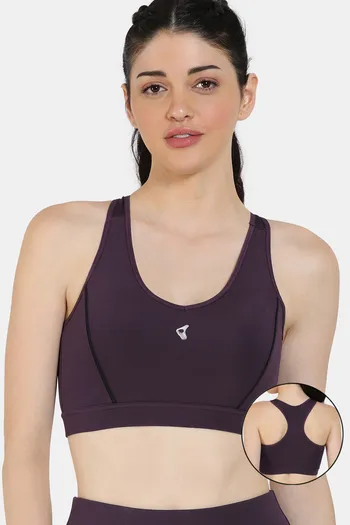 Zelocity Medium Impact Moisture Wicking Sports Bra with Removable Padding - Plum Perfect