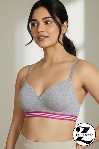 Zivame Sporty Twist Padded Non Wired 3/4th Coverage T-Shirt Bra - Grey Melange