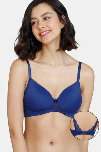 Zivame Beautiful Basics Padded Non Wired 3/4Th Coverage T-Shirt Bra - Blue Depth
