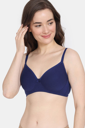 Zivame Beautiful Basics Padded Non Wired 3/4th Coverage T-Shirt Bra - Blue Depth