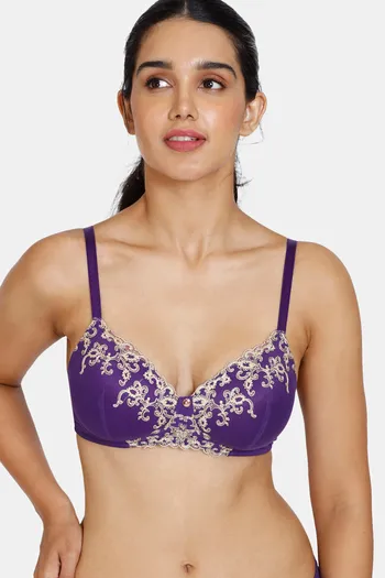 model image of Zivame Desert Rose Padded Non Wired 3/4Th Coverage Lace Bra - Violet Indigo