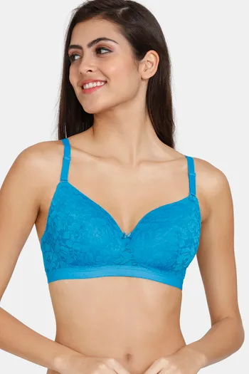Zivame Beautiful Basics Padded Non Wired 3/4th Coverage Lace Bra - Methyl Blue