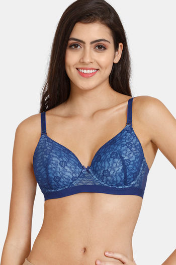 Zivame Beautiful Basics Padded Wired 3/4Th Coverage Lace Bra - Blue Depth