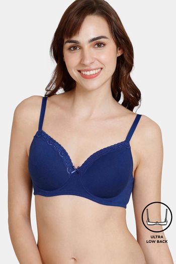 Zivame Beautiful Basics Padded Non Wired 3/4th Coverage Ultra Low Back T-Shirt Bra - Blue Depth
