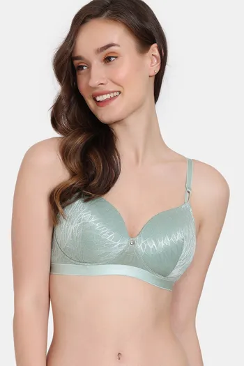 Zivame Coral Glaze Padded Non Wired 3/4Th Coverage Lace Bra - Granite Green