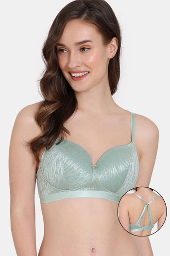 Zivame Coral Glaze Padded Non Wired 3/4Th Coverage Lace Bra - Granite Green