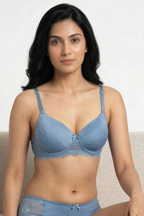 Zivame Lace Melange Padded Non Wired 3/4th Coverage Tshirt Bra - Blue — image 5