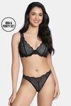 Zivame Cosmic Romance Single Layered Wired Low Demi Coverage Lace Bra with Thongs - Black — thumbnail 1