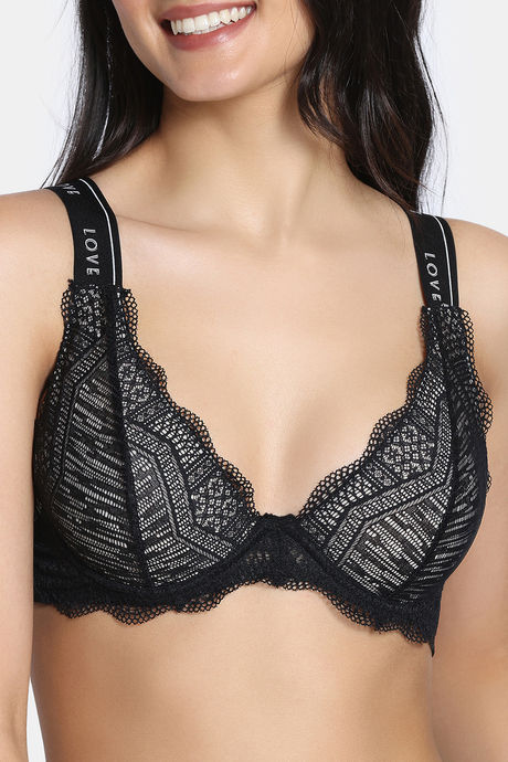 Zivame Cosmic Romance Single Layered Wired Low Demi Coverage Lace Bra with Thongs - Black — image 4