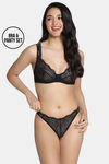Zivame Cosmic Romance Single Layered Wired Low Demi Coverage Lace Bra with Thongs - Black — thumbnail 1