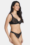 Zivame Cosmic Romance Single Layered Wired Low Demi Coverage Lace Bra with Thongs - Black — thumbnail 3