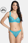 Zivame Cosmic Romance Single Layered Wired Low Demi Coverage Lace Bra with Thongs - Turqoise — thumbnail 1