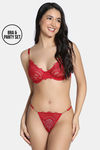 Zivame Cosmic Romance Single Layered Wired Medium Coverage Lace Bra with Thongs - Red — thumbnail 1