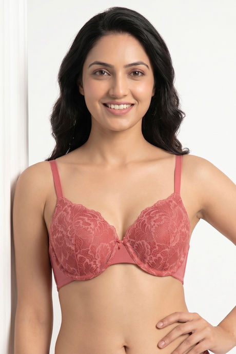 Zivame Bare Whispers Padded Wired Medium Coverage Plunge Neck Lace Bra - Dusty Cedar