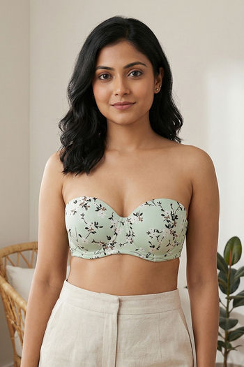 Zivame Print Paradise Padded Wired 3/4th Coverage Strapless Bra - Grass Green Floral