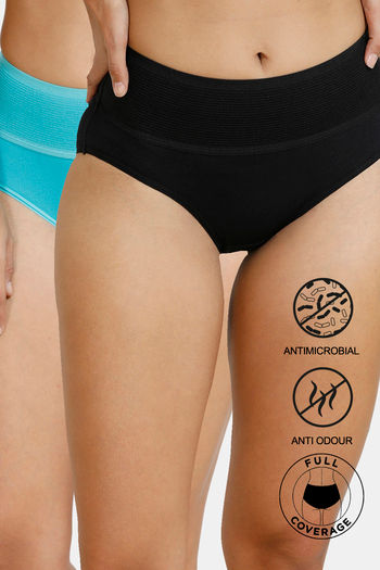 Zivame Pack of 2 Tummy Tucker Hipster High Rise Anti Microbial Panty Black Ceramic