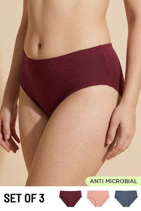 Zivame Medium Rise Full Coverage Hipster Panty (Pack of 3) - Multicolor