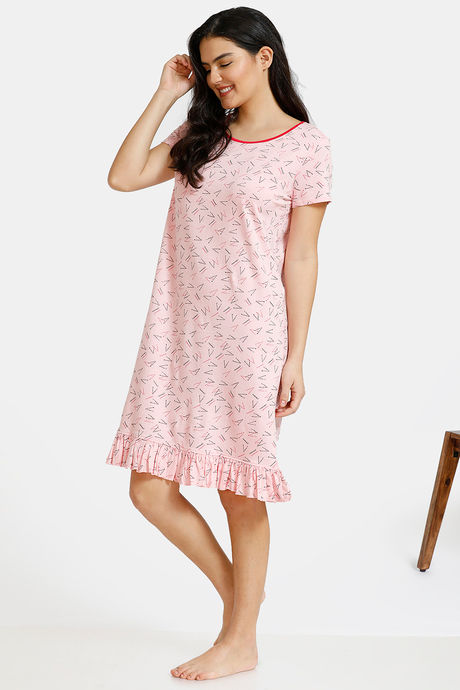Zivame Slumber Chic Knit Cotton Knee Length Nightdress - Pink — image 2