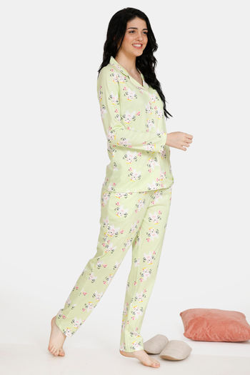 Zivame Three Musketeers Knit Cotton Pyjama Set - Green N Print — image 2