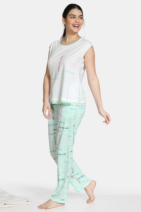 Zivame Fun & Frolic Knit Cotton Pyjama Set - Green White — image 2