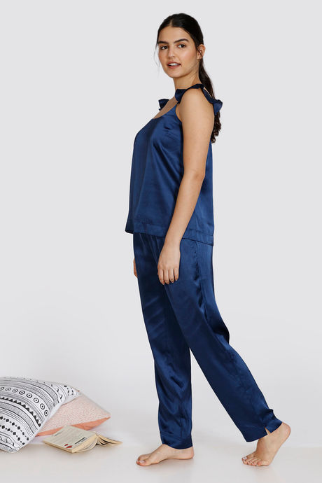 Zivame Soft Ruffles Satin Pyjama Set - Medieval Blue — image 2
