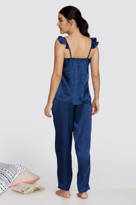 Zivame Soft Ruffles Satin Pyjama Set - Medieval Blue — image 3